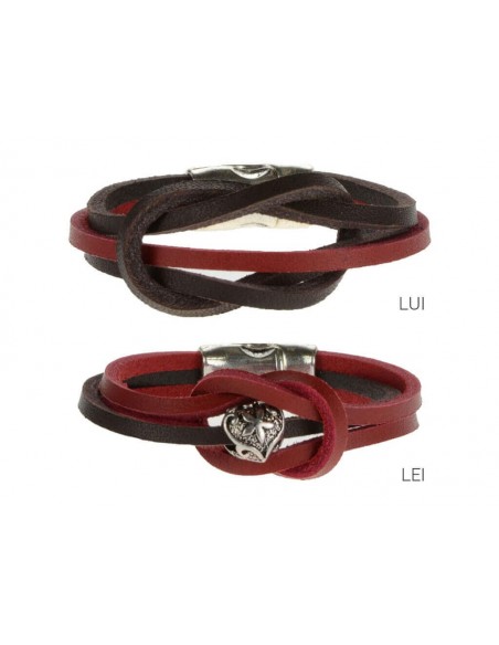 Bracciale in cuoio bicolore rosso e marrone con charm