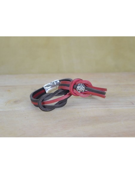 Bracciale in cuoio bicolore rosso e marrone con charm