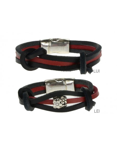 Bracciale in cuoio bicolore nero e rosso con charm