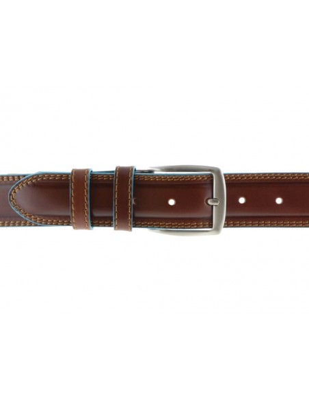 Cintura uomo stile Piquadro marrone con bordo celeste